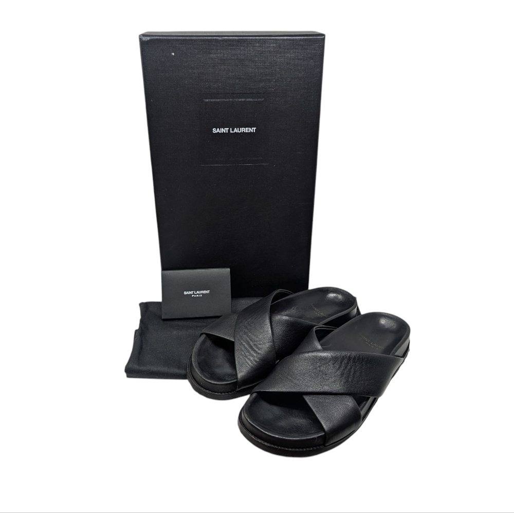 Saint Laurent Black Jimmy Slide Criss Cross Leather Sandals Size EU 38